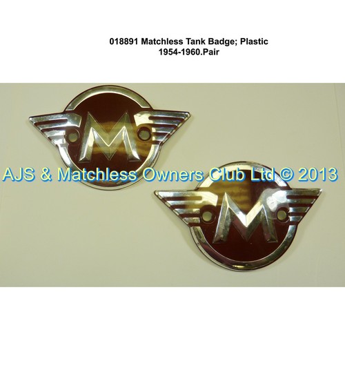 MATCHLESS TANK BADGE PAIRS ; PLASTIC 1954-1960 [SECONDS]  RUBBER BACKING 018896 MUST BE USED.
